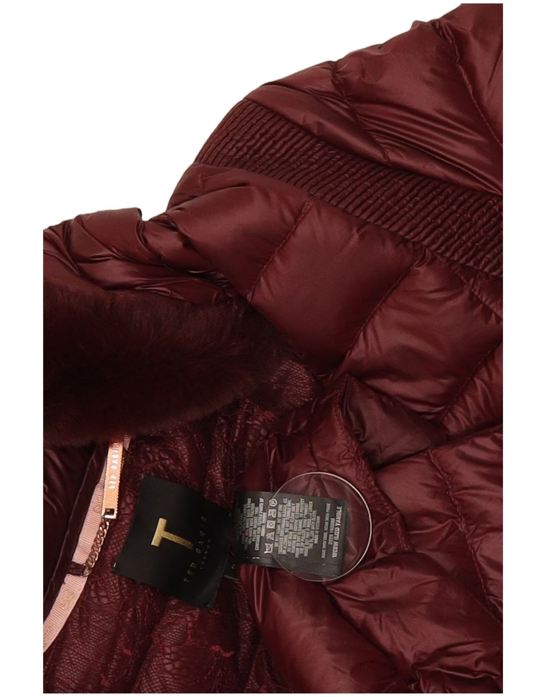 Casaco acolchoado com capuz feminino Ted Baker tamanho 2 pequeno poliamida borgonha