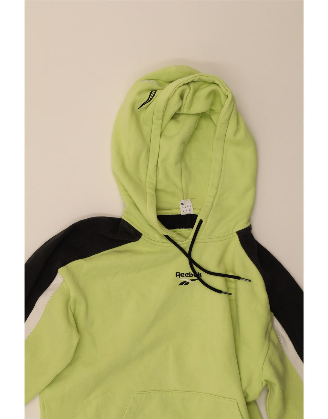 REEBOK Mens Graphic Hoodie Jumper Medium Yellow Colourblock Cotton Vintage Reebok and Second-Hand Reebok from Messina Hembry 