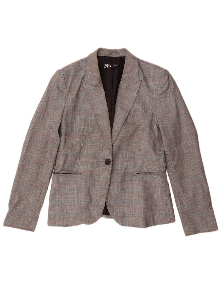 Jaqueta blazer feminina Zara com 1 botão EU 40 poliéster xadrez cinza médio