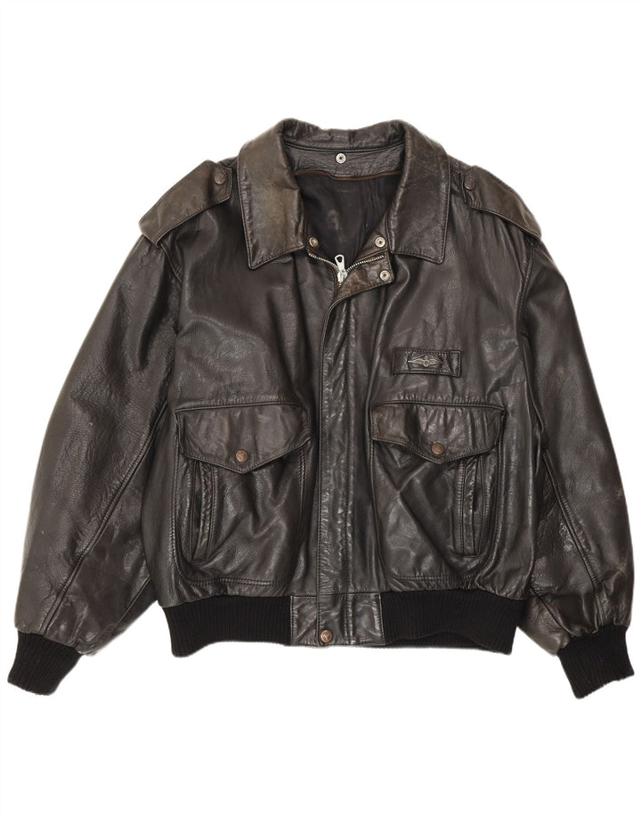 Jaqueta aviadora de couro militar masculina vintage Reino Unido 38 preta média
