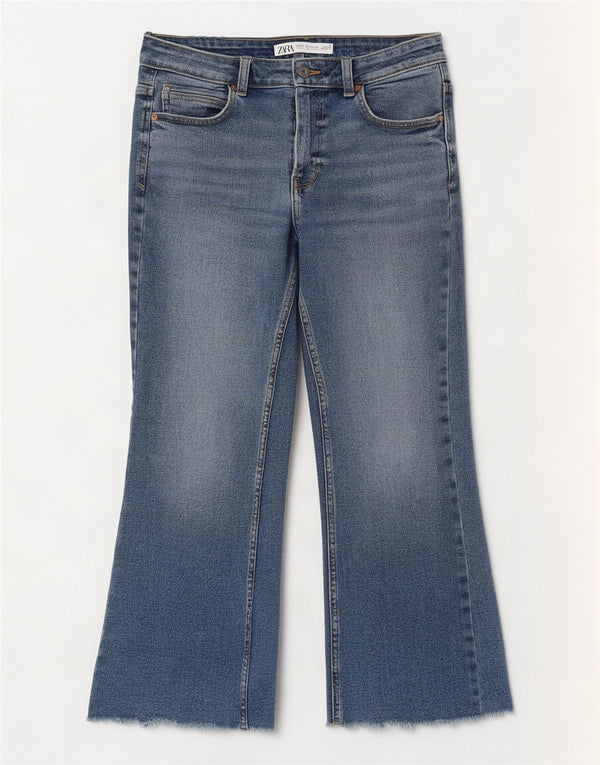 Zara Calça Jeans Feminina Crop Bootcut EU 40 Médio W30 L25 Azul Algodão