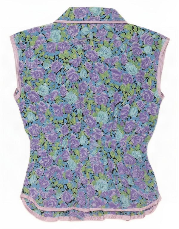 Blusa feminina vintage sem mangas UK 14 média floral multicolorida