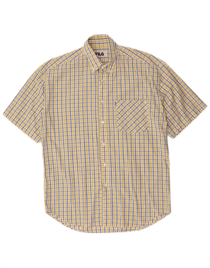 Fila Camisa masculina de manga curta de algodão xadrez amarelo médio