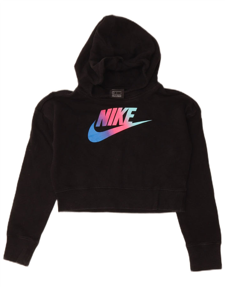 NIKE Girls Crop Graphic Hoodie Jumper 12-13 anos grande algodão preto
