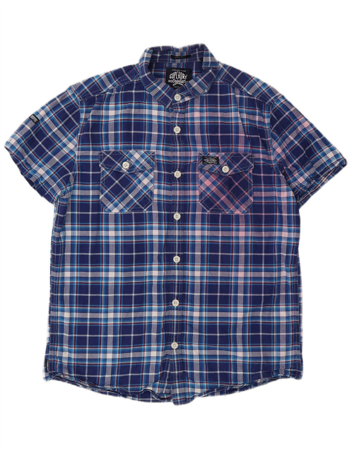 Camisa masculina Superdry de manga curta grande algodão xadrez azul