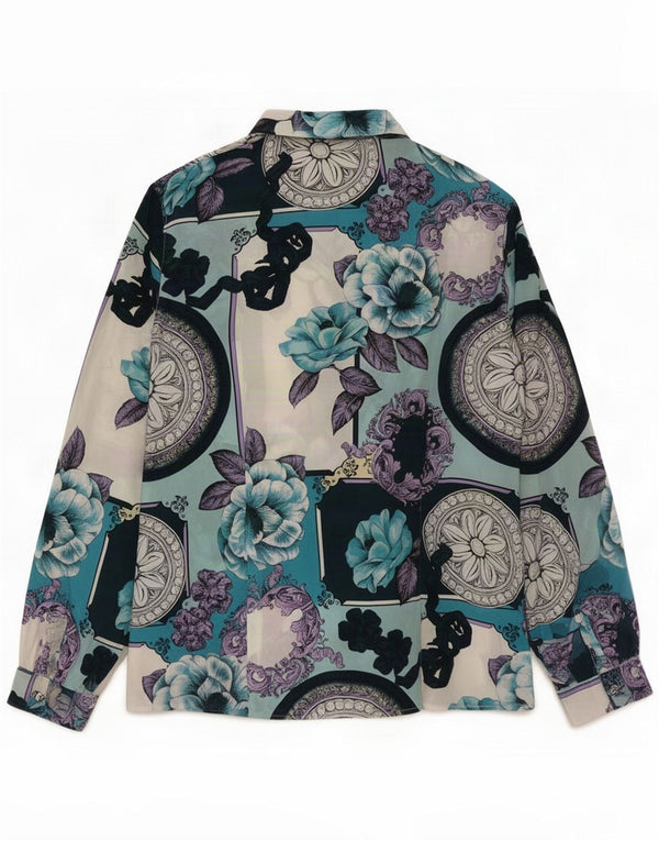 Blusa camisa feminina vintage Reino Unido 14 acetato floral multicolorido médio