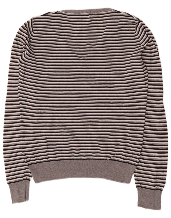 Suéter feminino Fred Perry com decote em V Reino Unido 14 algodão listrado cinza médio