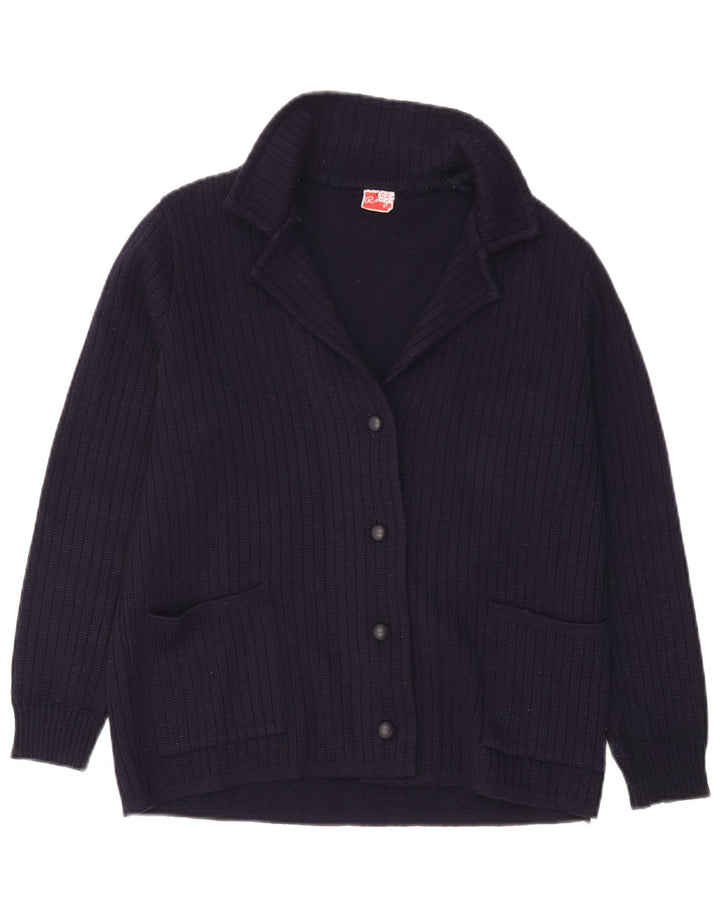 Suéter cardigã feminino vintage Reino Unido 14 grande lã azul marinho