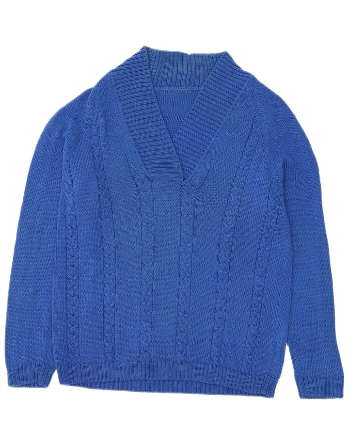 Suéter masculino vintage com decote em V azul médio