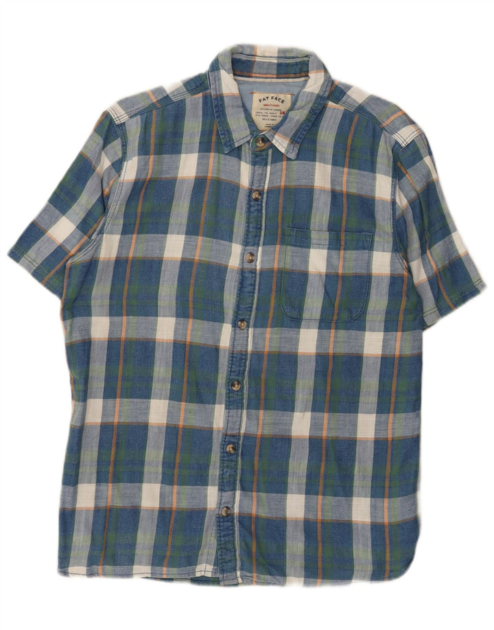 Camisa masculina de flanela de manga curta Fat Face algodão xadrez azul médio