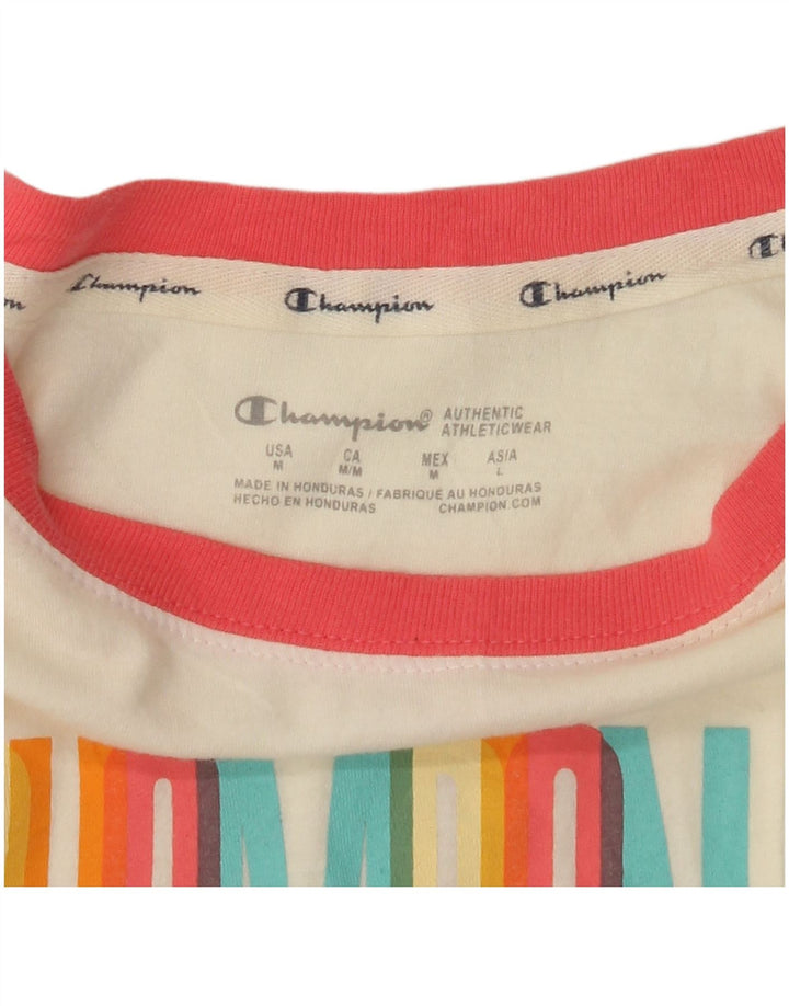 Camiseta feminina CHAMPION com estampa gráfica UK 14 bloco colorido branco médio