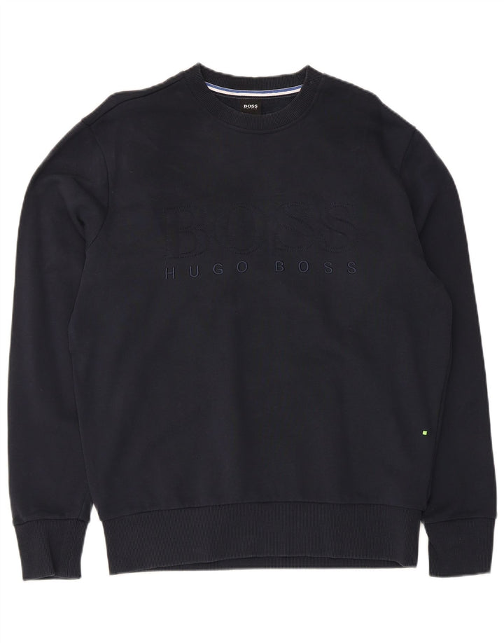 Hugo Boss moletom gráfico masculino jumper médio algodão azul marinho