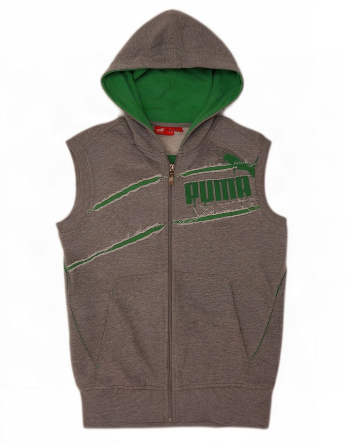 Suéter masculino Puma Graphic sem mangas com capuz e zíper pequeno cinza