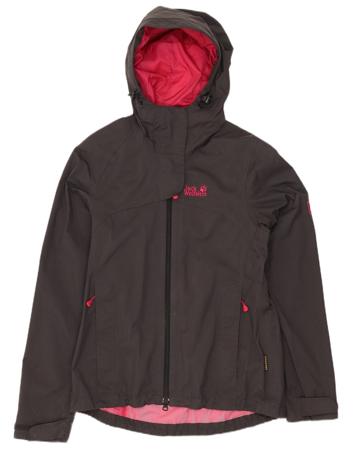 Jaqueta de chuva feminina com capuz Jack Wolfskin Reino Unido 8/10 pequena cinza poliamida