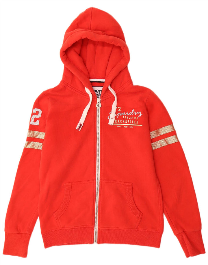 Suéter feminino SUPERDRY com capuz e zíper gráfico Reino Unido 12 algodão vermelho médio
