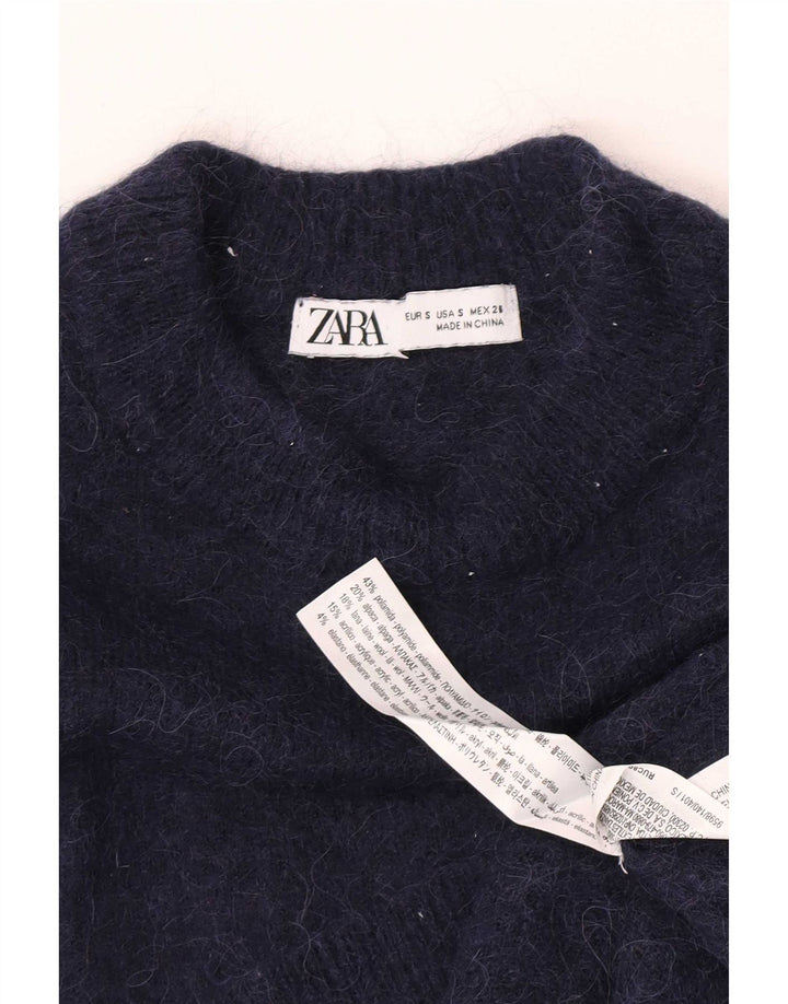 Suéter feminino Zara com gola redonda, Reino Unido 10 pequeno azul marinho poliamida