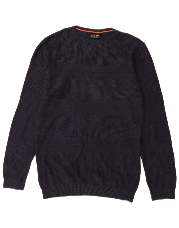 Zara Suéter masculino com gola canoa pequeno listrado azul marinho