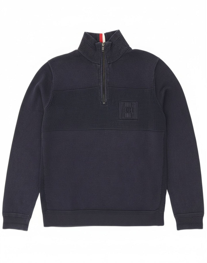 Suéter masculino Tommy Hilfiger com zíper e gola alta de algodão azul marinho médio