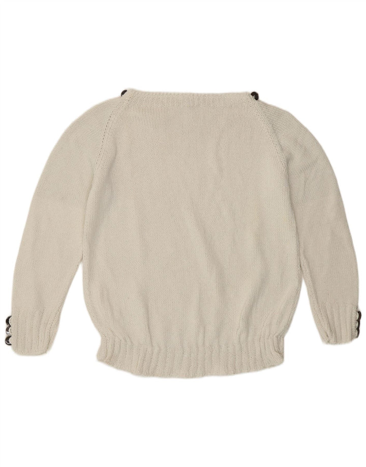 Suéter feminino vintage com gola canoa UK 12 médio branco