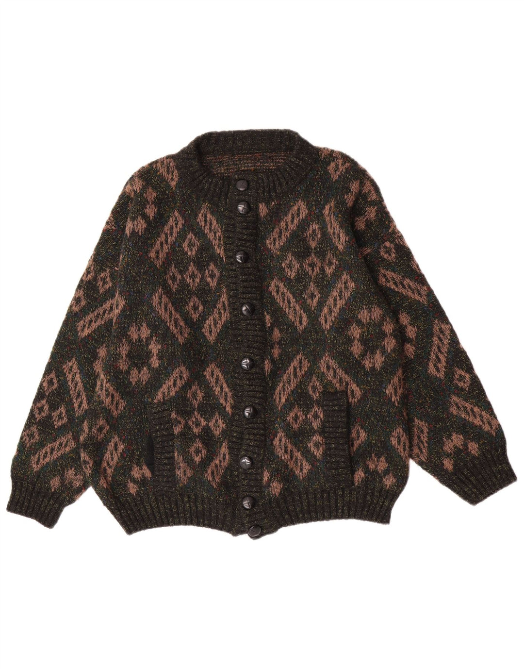 Suéter cardigã masculino vintage grande lã geométrica verde
