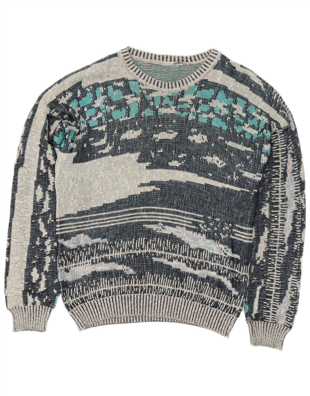 Suéter masculino vintage com padrão abstrato, gola redonda, azul médio