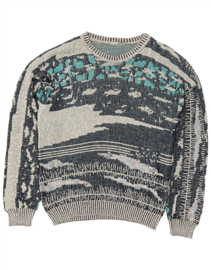 Suéter masculino vintage com padrão abstrato, gola redonda, azul médio