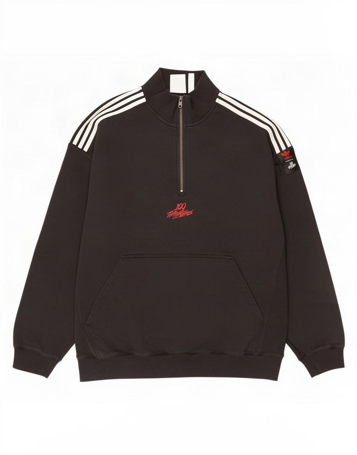 Adidas Mens Zip Neck Moletom Jumper Grande Algodão Preto
