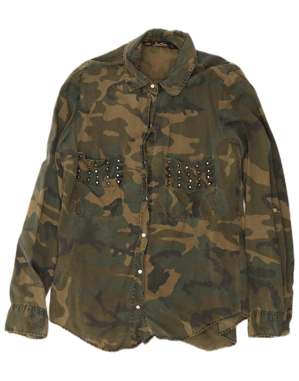 Camisa jeans militar feminina Zara Reino Unido 14 grande camuflagem verde