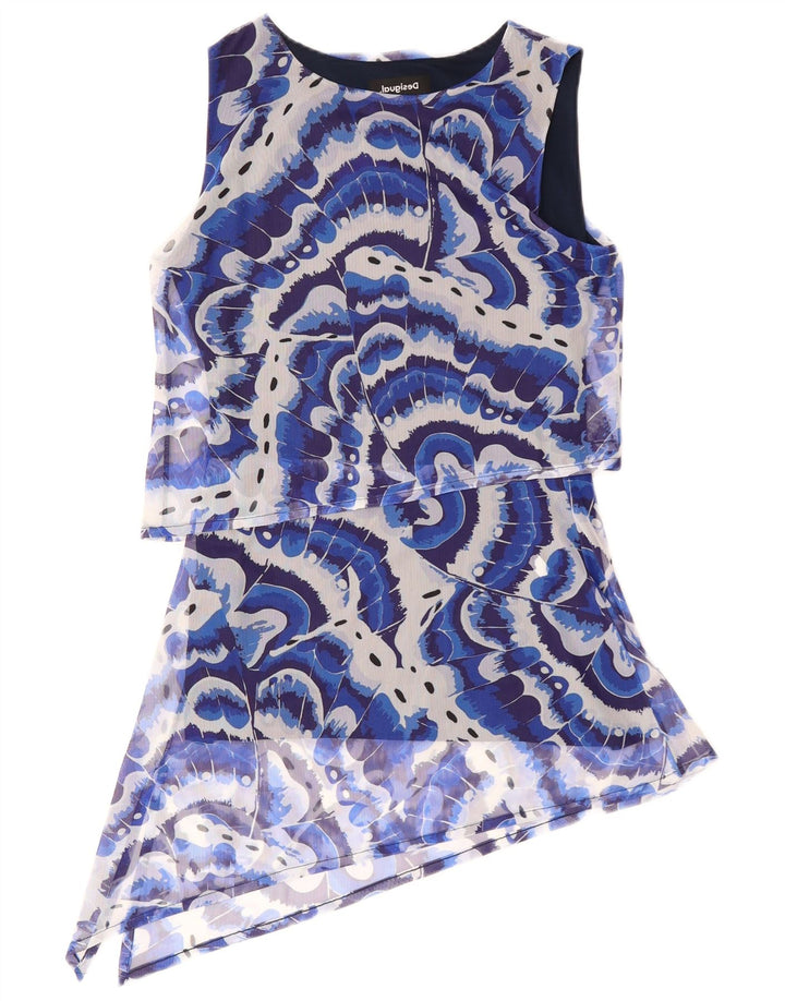 DESIGUAL Vestido feminino assimétrico com padrão abstrato Reino Unido 10 pequeno azul