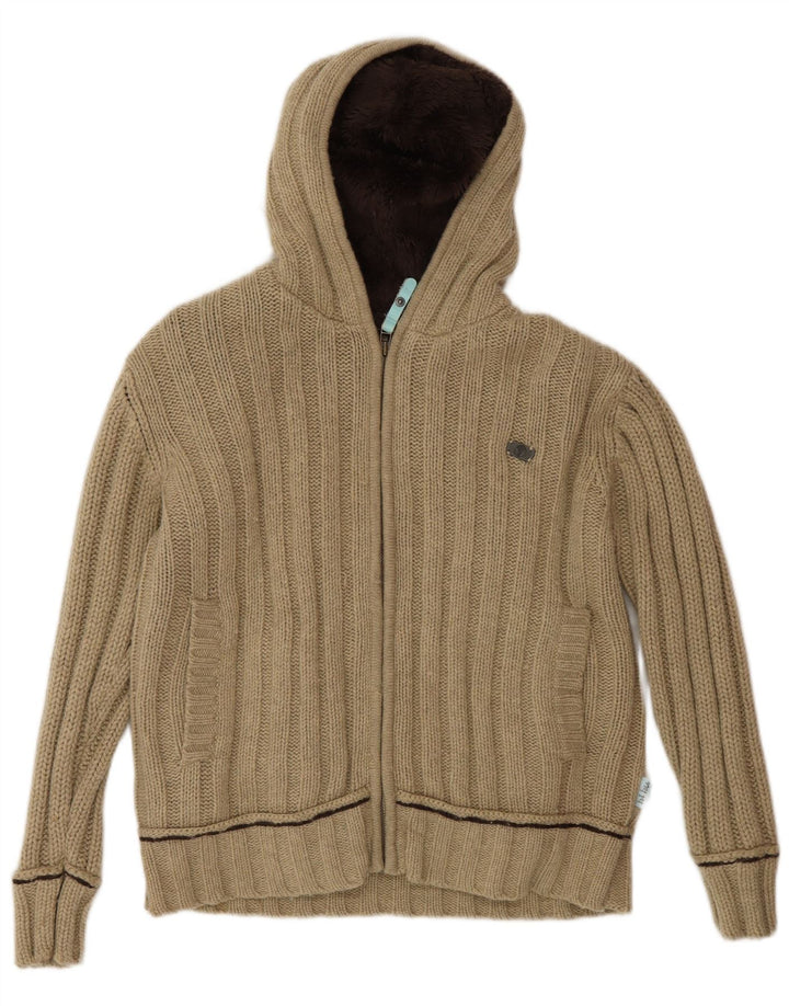 Suéter cardigã feminino com capuz Fat Face Reino Unido 14 lã de cordeiro bege médio