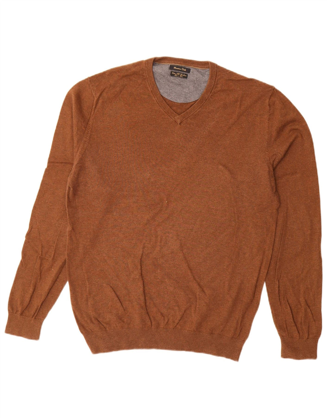 Suéter masculino Massimo Dutti com decote em V, algodão marrom médio