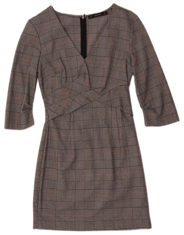 ZARA Vestido feminino manga 3/4 com bainha UK 6 XS cinza Houndstooth
