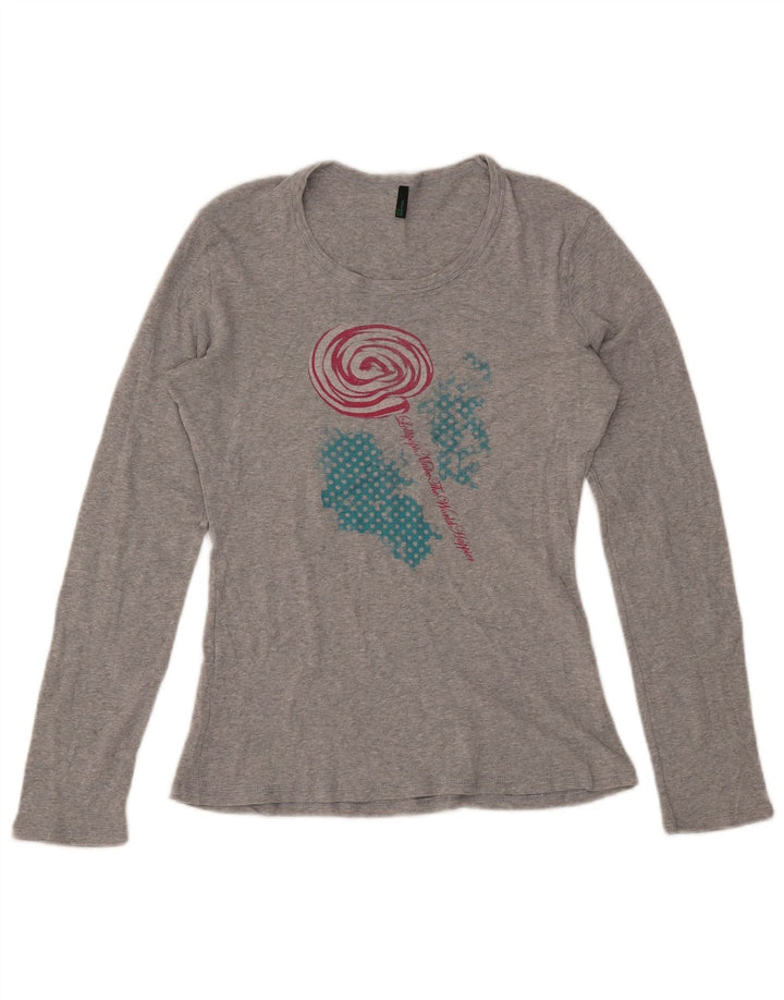 Top gráfico feminino BENETTON manga comprida Reino Unido 16 algodão manchado cinza grande