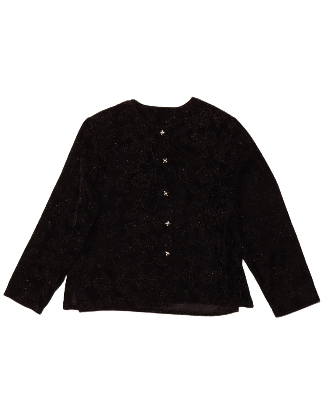 Blusa feminina VINTAGE de manga comprida UK 16 grande preta floral