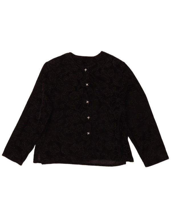 Blusa feminina VINTAGE de manga comprida UK 16 grande preta floral