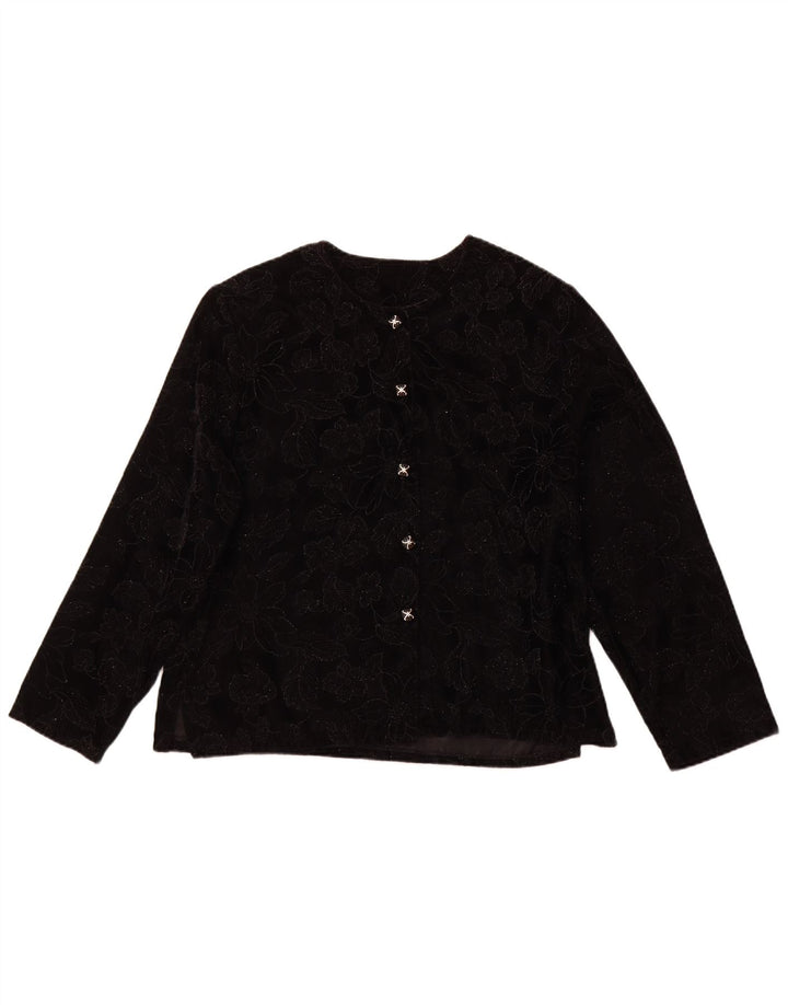 Blusa feminina VINTAGE de manga comprida UK 16 grande preta floral