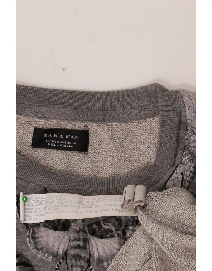 Zara moletom gráfico masculino jumper médio cinza floral algodão