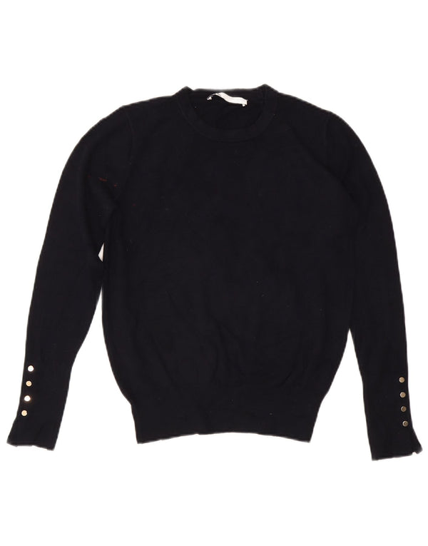 Zara Suéter feminino cropped com gola redonda Reino Unido 12 médio azul marinho viscose