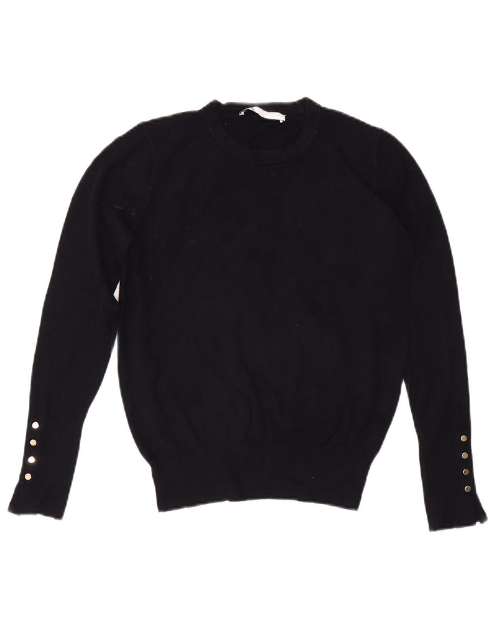 Zara Suéter feminino cropped com gola redonda Reino Unido 12 médio azul marinho viscose