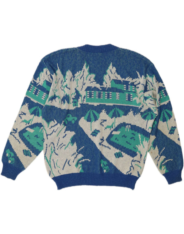 Suéter feminino VINTAGE com estampa abstrata e decote em V IT 52 2XL azul