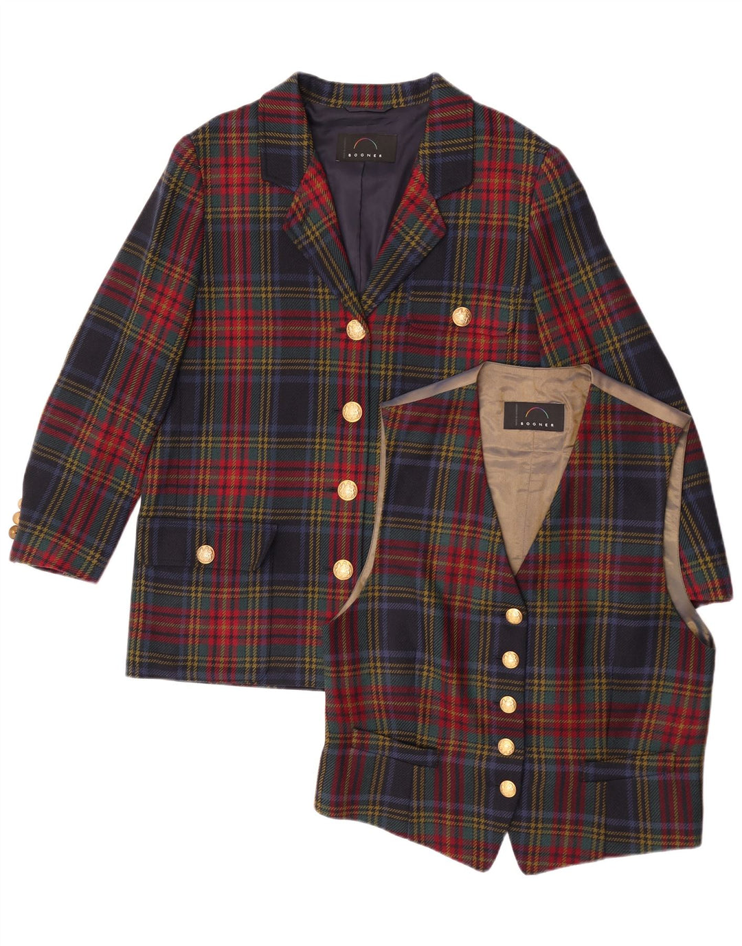 Conjunto feminino Bogner de 4 botões e 2 peças Reino Unido 16 grande xadrez multicolorido