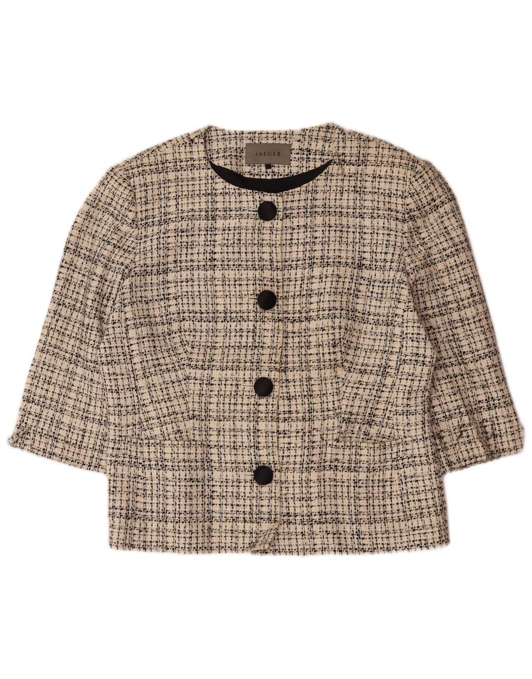 Jaqueta blazer feminina Jaeger com 4 botões e manga 3/4 Reino Unido 16 xadrez bege grande