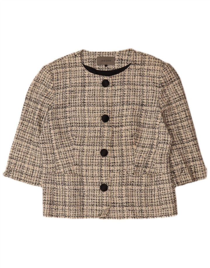 Jaqueta blazer feminina Jaeger com 4 botões e manga 3/4 Reino Unido 16 xadrez bege grande