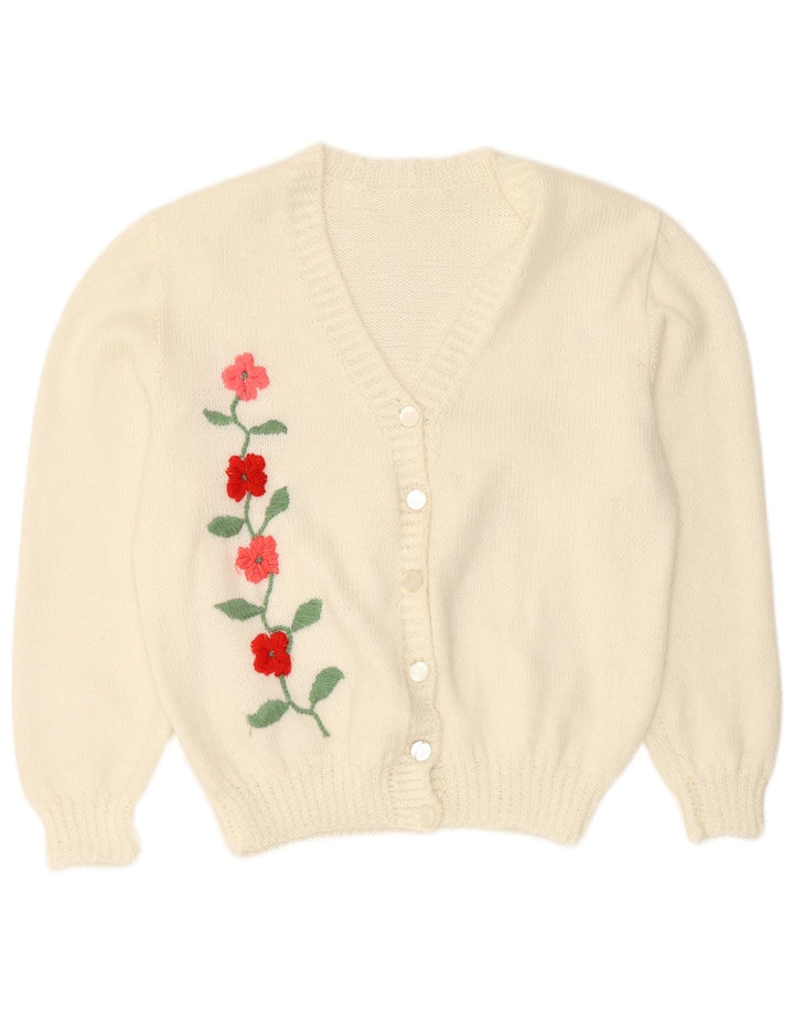 Suéter cardigã feminino VINTAGE Reino Unido 16 grande branco floral