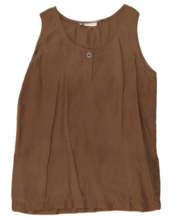 Blusa feminina vintage sem mangas Top UK 10 seda marrom pequena