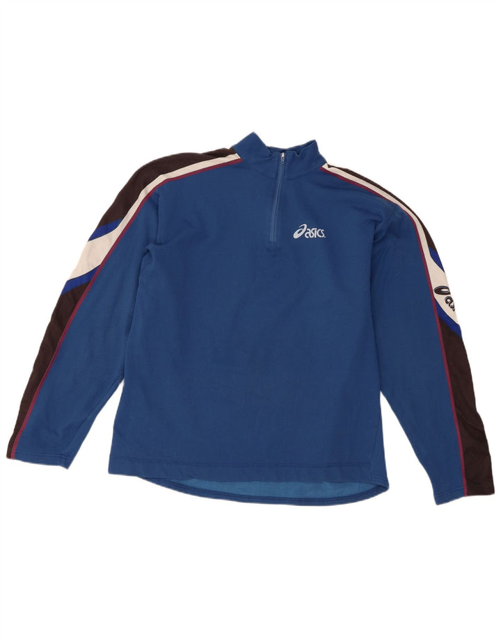Asics Womens Zip Neck Pullover Treino Top UK 14 Medium Blue Colourblock