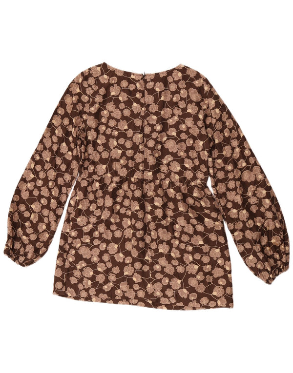 Blusa feminina de manga comprida Benetton UK 10 pequena seda floral marrom