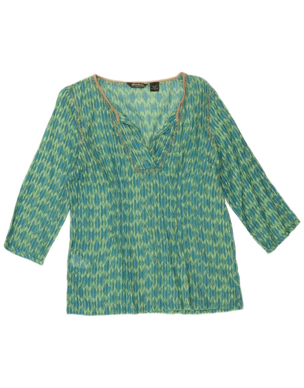 Túnica feminina Eddie Bauer manga 3/4 solta ajuste Reino Unido 6 XS verde algodão Ikat