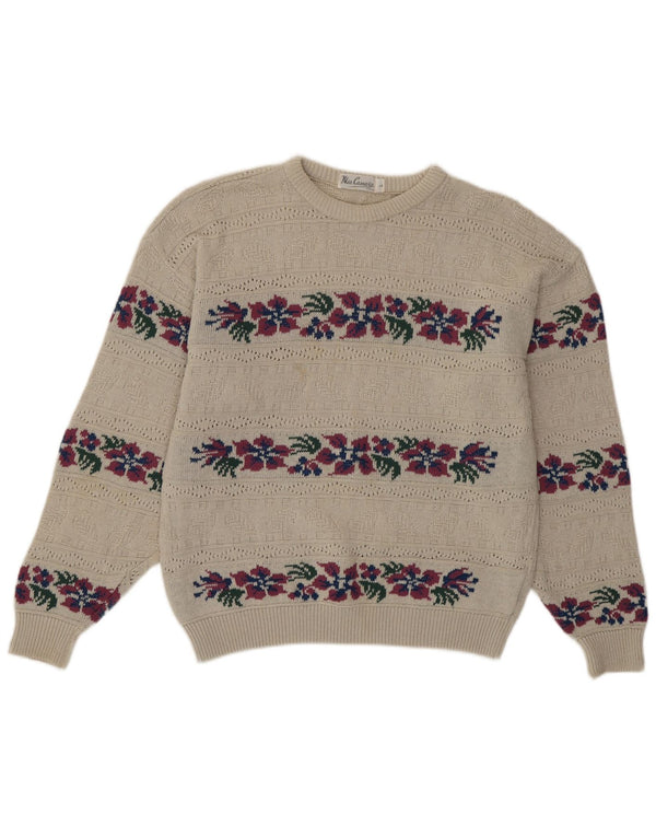 Suéter feminino vintage com gola redonda Reino Unido 16 grande acrílico floral bege