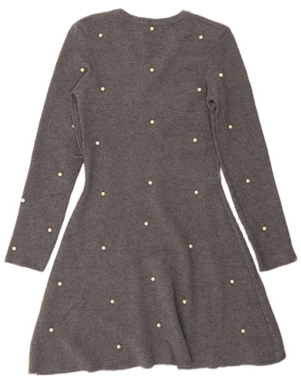 Zara Vestido feminino de manga comprida UK 12 viscose manchada cinza médio